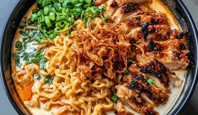 Fiery Chicken Ramen with Creamy Garlic Sauce topped with grilled chicken, scallions, and crispy onions