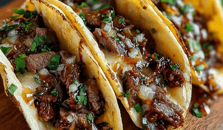 Garlic Butter Honey BBQ Beef Tacos with avocado and cilantro on a rustic board