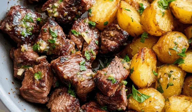 Garlic Butter Steak Bites and Potatoes with golden roasted baby potatoes garnished with parsley.