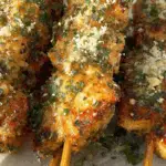 Garlic Parmesan Chicken Skewers grilled with fresh herbs and parmesan
