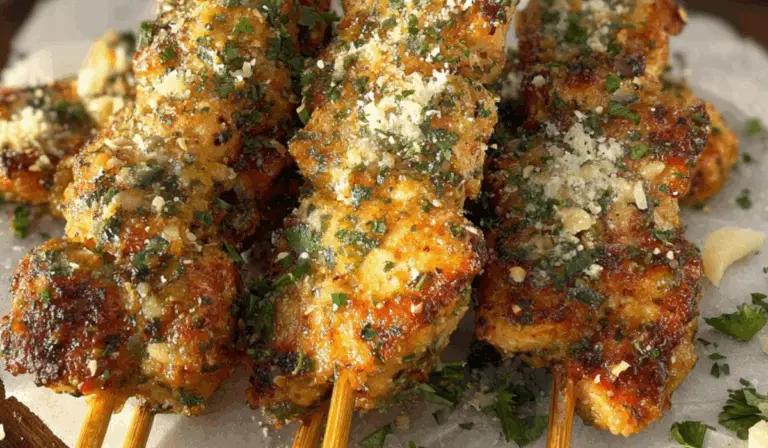 Garlic Parmesan Chicken Skewers grilled with fresh herbs and parmesan