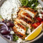 Greek chicken bowl with grilled chicken, tzatziki, feta, tomatoes, olives, and lemon wedge