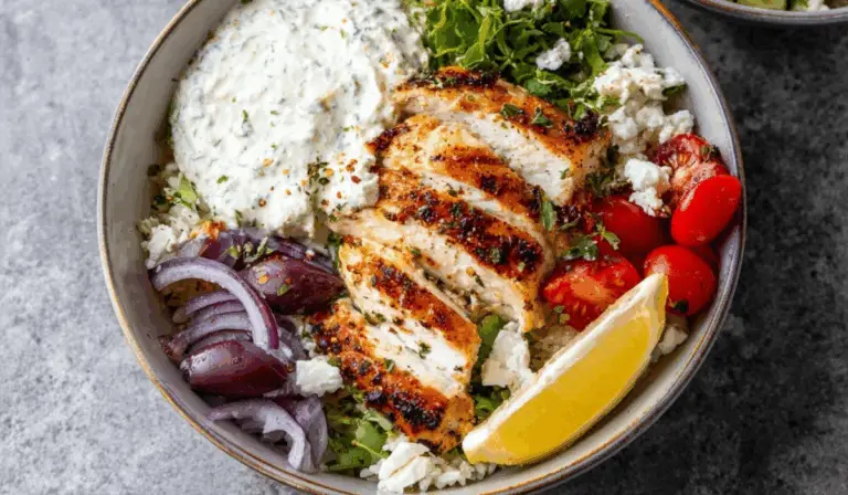 Greek chicken bowl with grilled chicken, tzatziki, feta, tomatoes, olives, and lemon wedge
