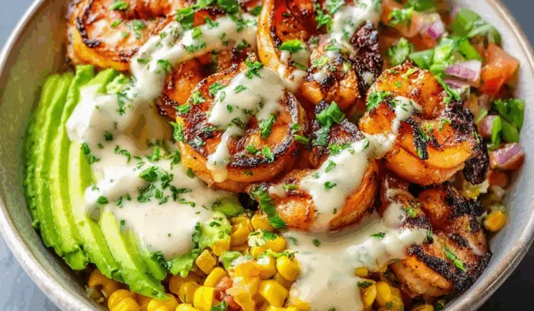 Grilled Shrimp Bowl with Avocado, Corn Salsa & Creamy Sauce