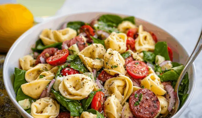tortellini pasta salad in rustic bowl