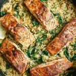 One Skillet Salmon with Lemon Orzo in cast-iron pan