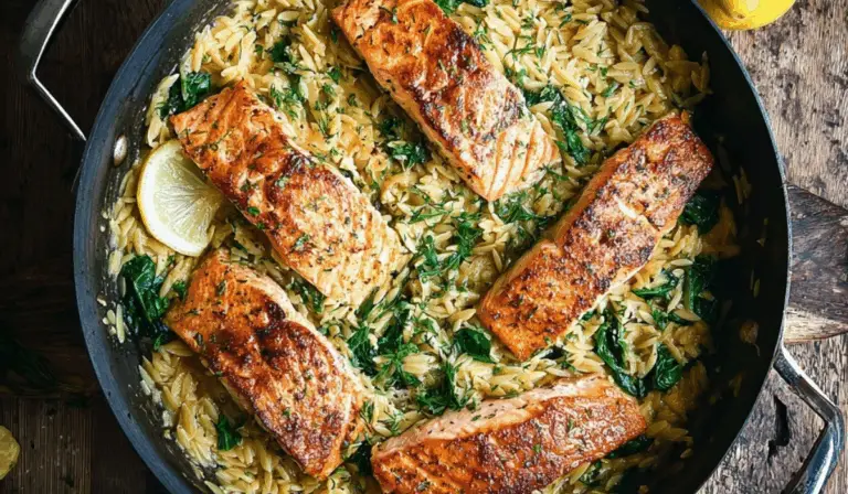 One Skillet Salmon with Lemon Orzo in cast-iron pan