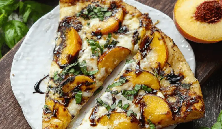 Peach & Basil Naan Bread Pizza on wood board