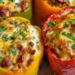 Stuffed bell peppers baked with cheesy beef filling and parsley garnish