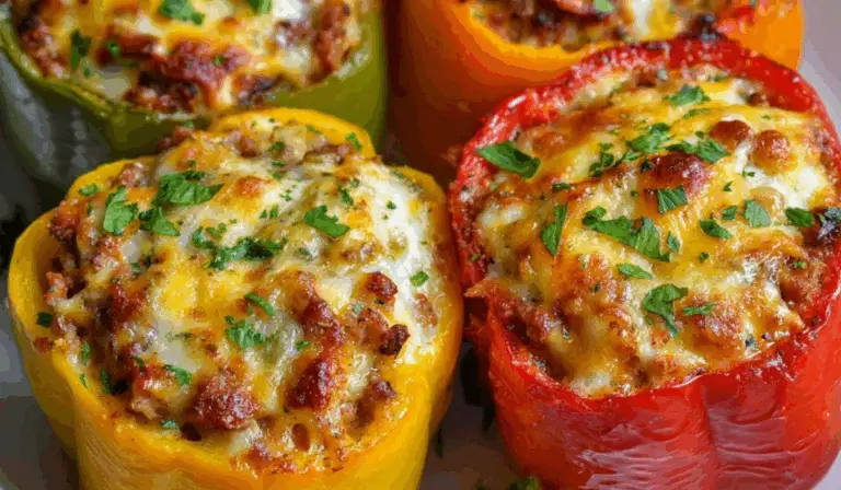 Stuffed bell peppers baked with cheesy beef filling and parsley garnish