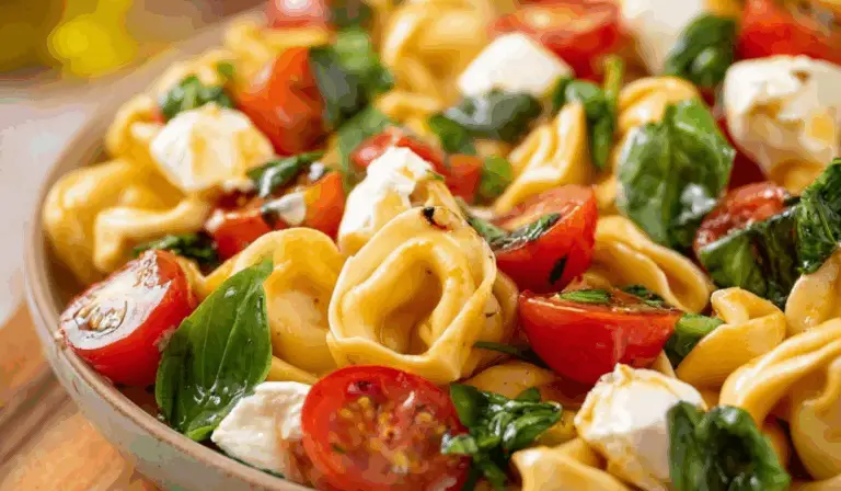 Tortellini Caprese Salad in ceramic bowl