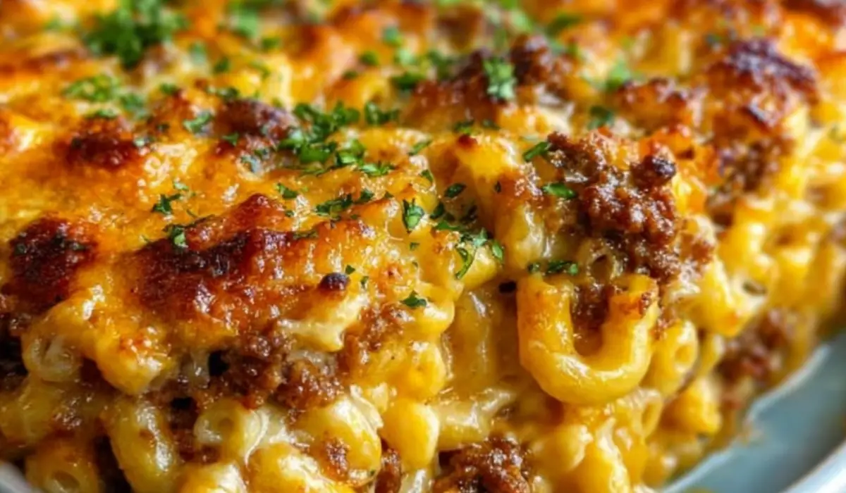 Mac and Cheese Meatloaf Casserole golden baked in ceramic dish