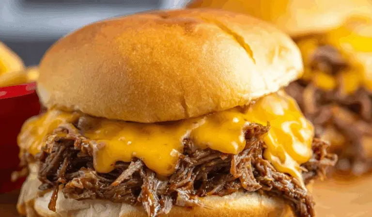 Slow Cooker Beef and Cheddar Sandwiches on rustic table