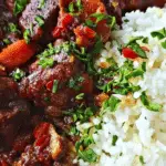Jamaican beef stew with rice served in a bowl with vibrant Caribbean spices