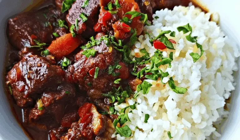 Jamaican beef stew with rice served in a bowl with vibrant Caribbean spices