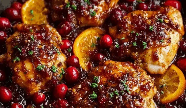 Cranberry Orange Chicken plated with glaze