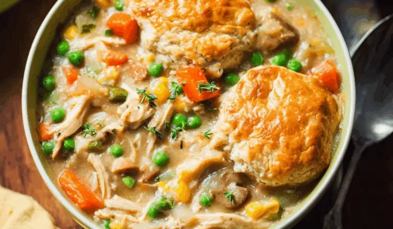 Slow Cooker Chicken Pot Pie with biscuits