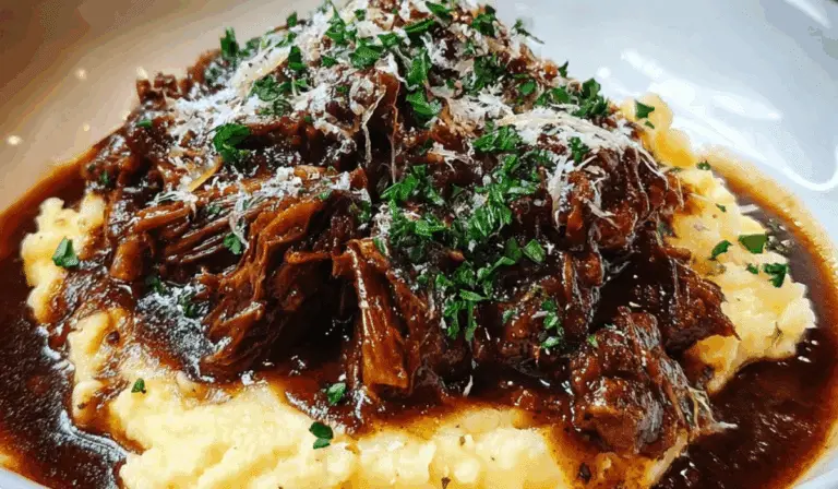 Short Rib Ragu with Parmesan Mashed Potatoes in a rustic bowl