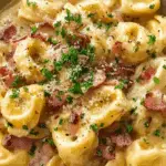 Creamy Tortellini Carbonara served hot with bacon and Parmesan