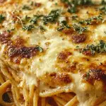 Baked Cream Cheese Spaghetti Casserole in a rustic baking dish