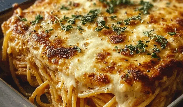 Baked Cream Cheese Spaghetti Casserole in a rustic baking dish
