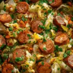 Sausage and Cabbage Stir Fry in rustic skillet