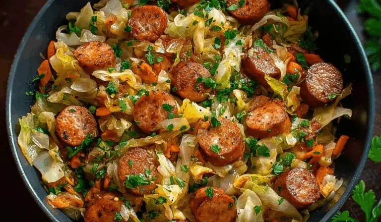 Sausage and Cabbage Stir Fry in rustic skillet