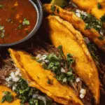 Birria Tacos with beef, cheese, and consommé