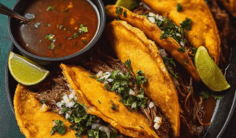 Birria Tacos with beef, cheese, and consommé