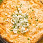 Greek Yogurt Buffalo Chicken Dip served with tortilla chips and celery