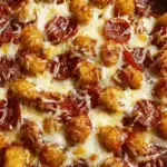 Pizza Tot Casserole baked with melted cheese