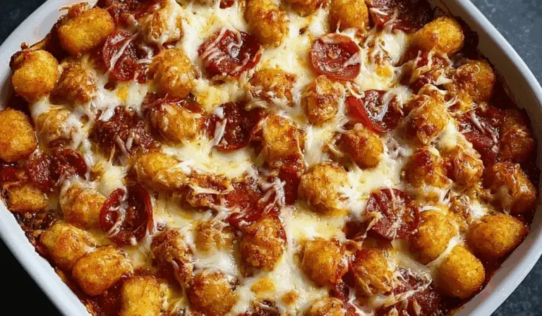 Pizza Tot Casserole baked with melted cheese