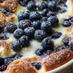Blueberry Buttermilk Pancake Casserole in rustic kitchen