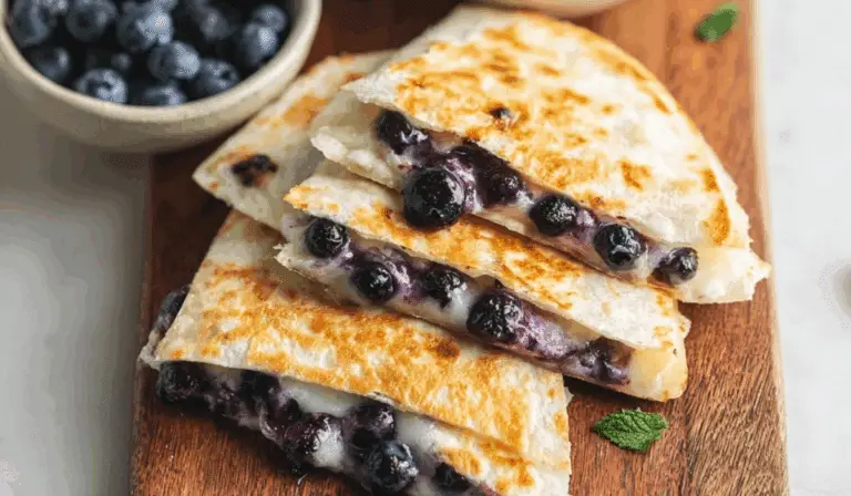 Blueberry Breakfast Quesadilla on rustic breakfast table