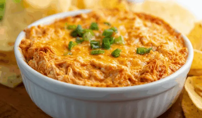 Smoked Buffalo Chicken Dip in cast iron with melted cheese