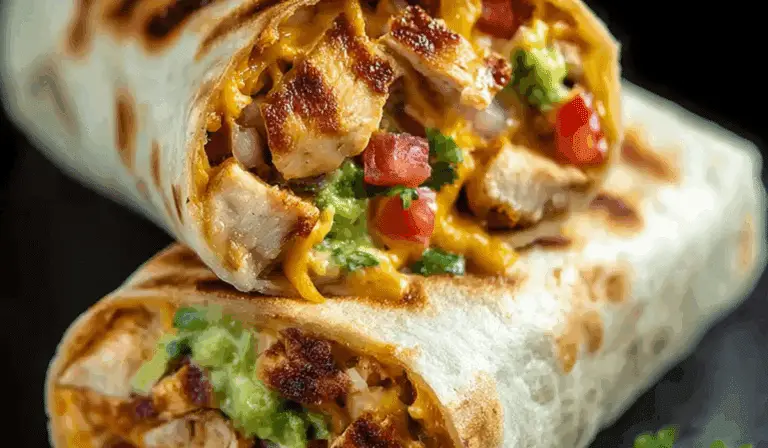 Chipotle Ranch Grilled Chicken Burrito sliced open with fillings