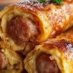 Sausage French Toast Roll-Ups served on white plate