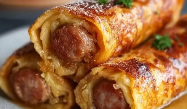 Sausage French Toast Roll-Ups served on white plate