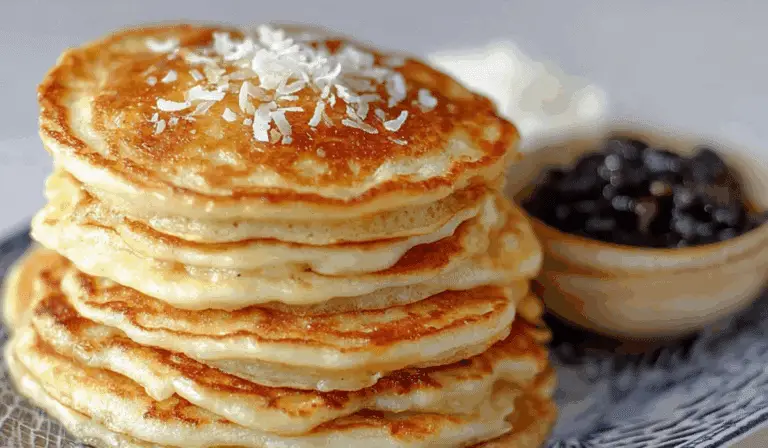 Coconut cream pancakes with syrup