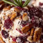 Cranberry Pecan Goat Cheese Ball holiday appetizer on wooden board