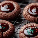 Chocolate thumbprint cookies on cooling rack