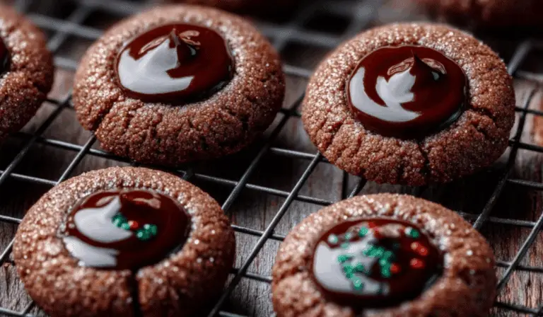 Chocolate thumbprint cookies on cooling rack