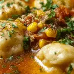 Tamale Soup with Tamale Dumplings in rustic bowl