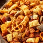 Party Snack Mix in a wooden bowl