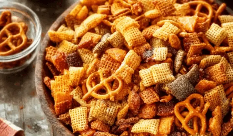 Party Snack Mix in a wooden bowl