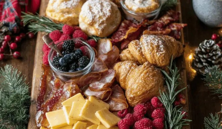 Festive Christmas Breakfast Charcuterie Board on rustic table