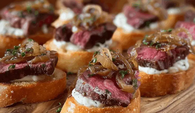 steak crostini with horseradish sauce and caramelized onions