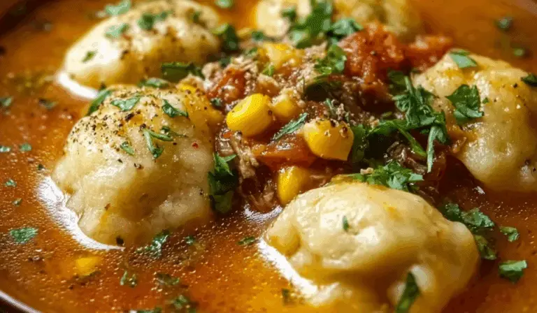 Tamale Soup with Tamale Dumplings in rustic bowl