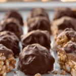 Crispy Rice Peanut Butter Treats on a kitchen counter