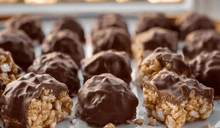 Crispy Rice Peanut Butter Treats on a kitchen counter